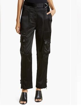 Jonathan Simkhai Black Silky Cargo Straight-Leg Pants with Belt
